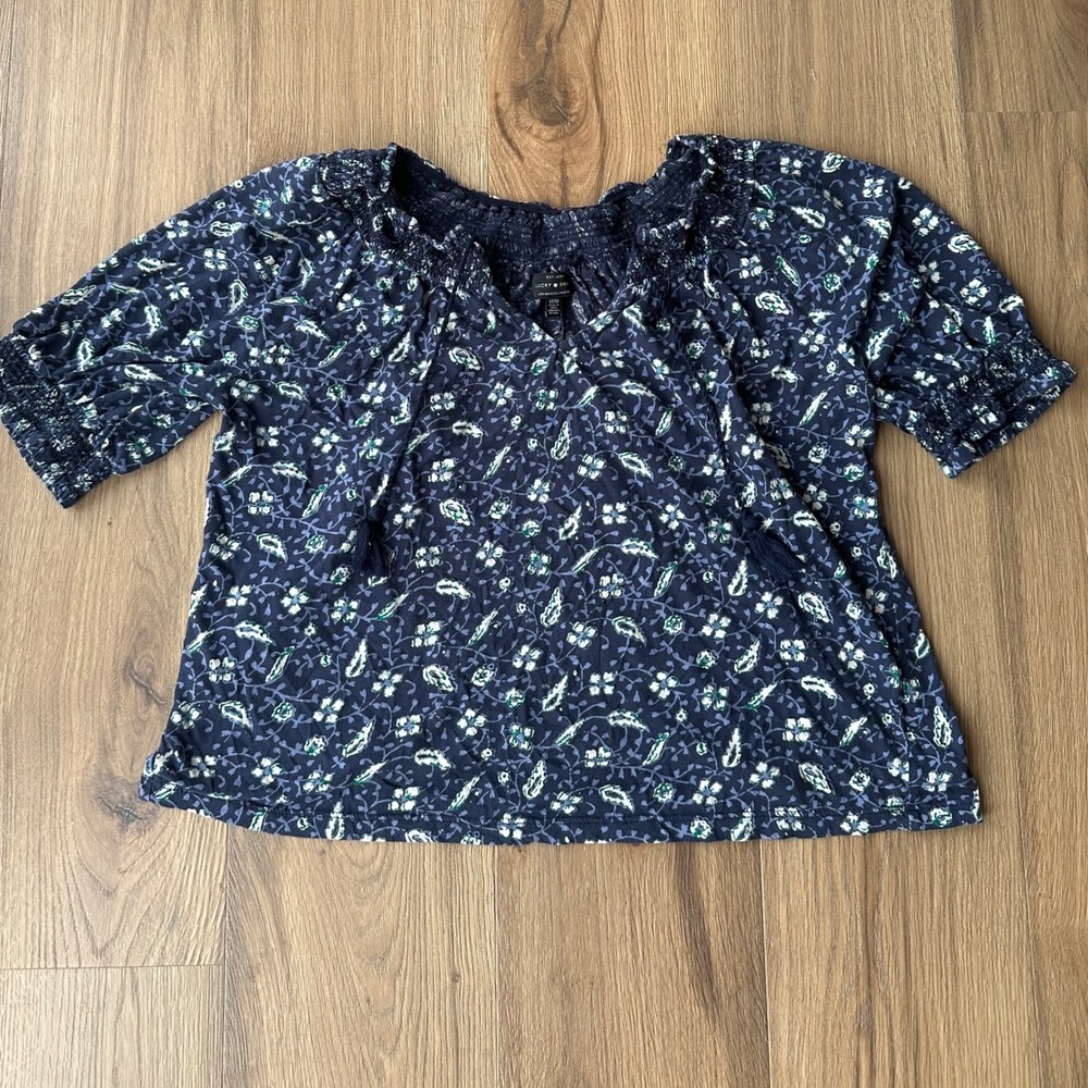 Lucky Brand Navy Blue Floral Paisley Smocked Peasant Blouse Top Medium